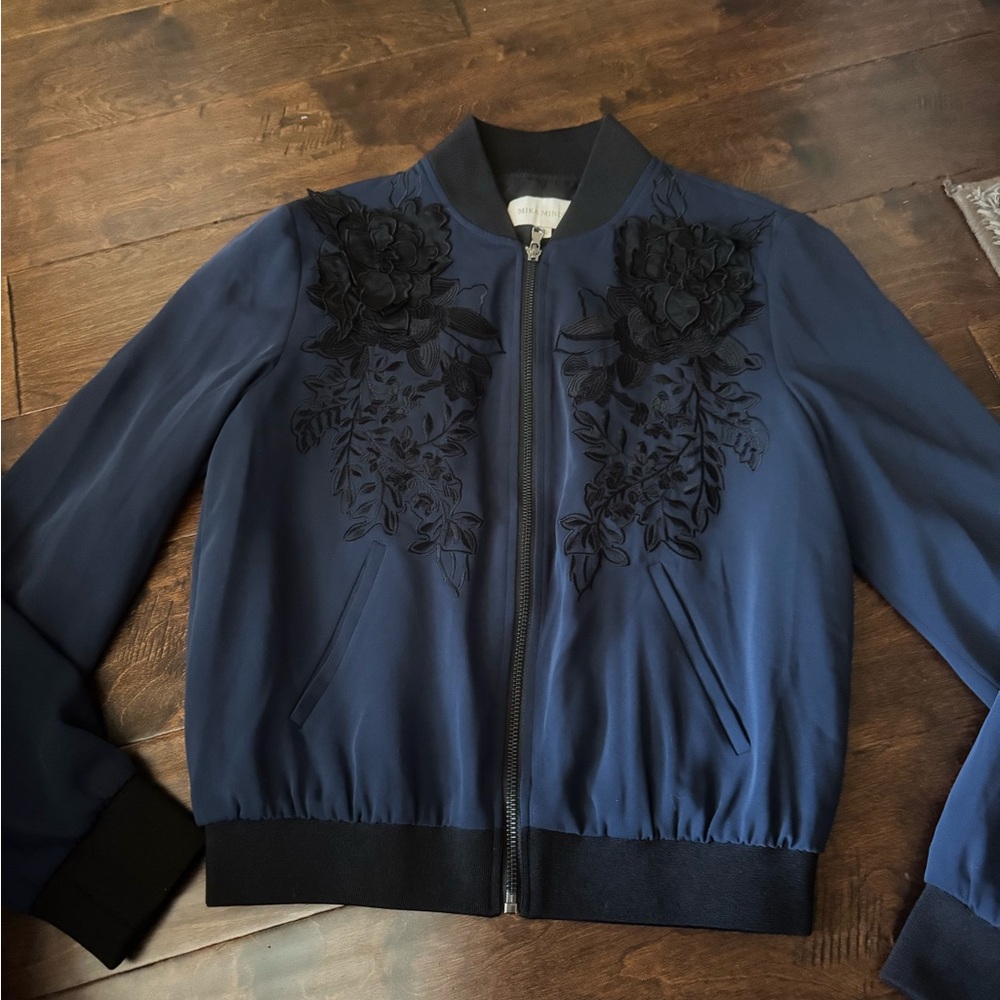 Elegant Blue and Black Bomber Jacket with Ornate Embroidery